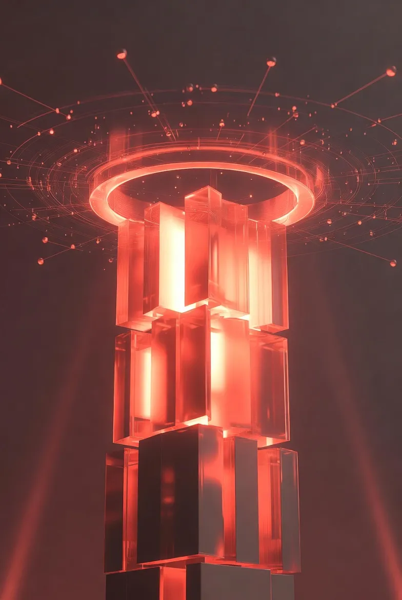 Glowing crystalline data tower with holographic network — representing Avande's innovative healthcare technology